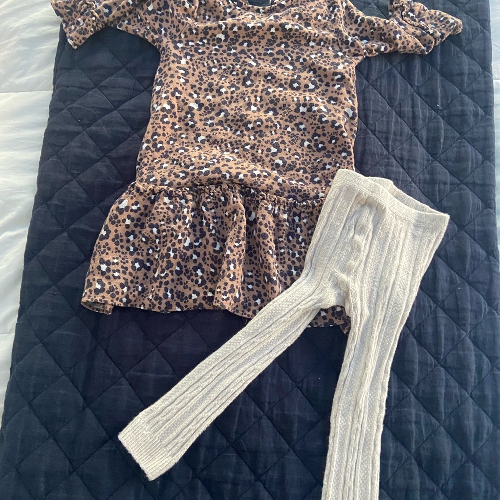 Girls Mini Boden Leopard Print Dress with Oatmeal Tights